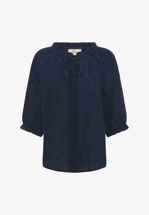 Tamsiai mėlynas lininis bluzonas su surinkta apykakle, raišteliu priekyje ir siuvinėtomis detalėmis centre; turi trijų ketvirčių pufines rankoves.