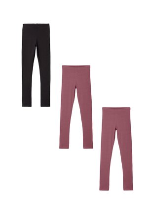 Three pairs of leggings: one black, two shades of mauve. They feature a smooth texture and a high waistband, designed for comfort.