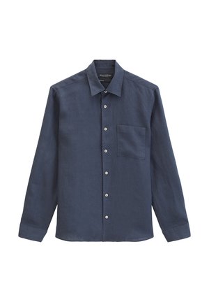 Men's long-sleeve navy blue button-up shirt with a collar and a chest pocket, displayed against a white background.
