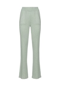 Light green ribbed knit flared pants with a wide waistband and two front pockets, featuring a soft, textured fabric.