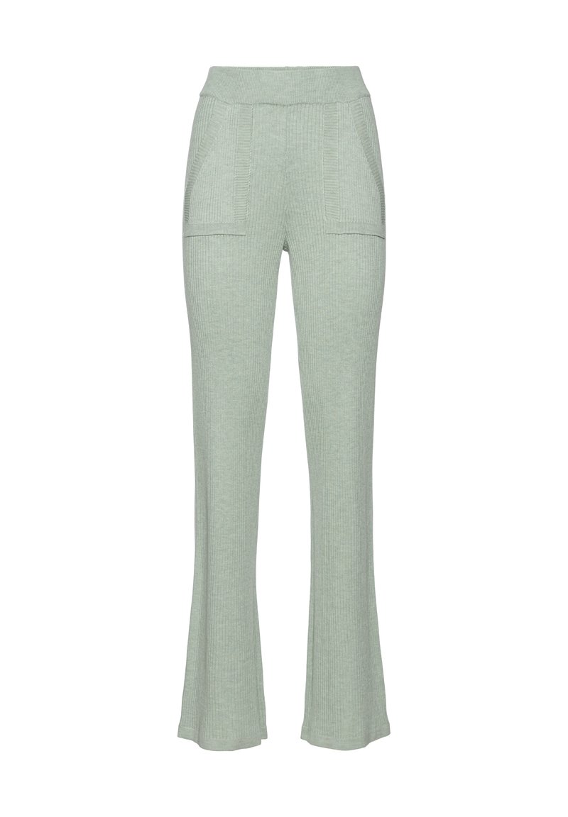 Light green ribbed knit flared pants with a wide waistband and two front pockets, featuring a soft, textured fabric.