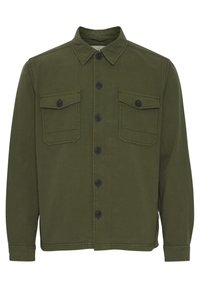 Olive green, long-sleeve jacket made of cotton, featuring a button-up front, two chest pockets, and black buttons. Straight-cut hem.