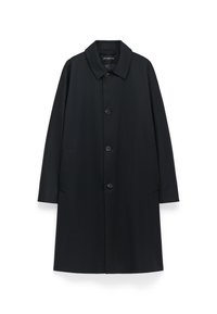 Cappotto nero con colletto, cinque bottoni sul davanti, tasche laterali e silhouette dritta, realizzato in tessuto morbido con finitura opaca.