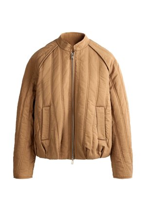 Light brown quilted jacket with stand collar, front zipper, long sleeves, and two front pockets.