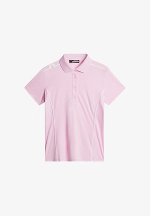 Roze polo shirt van een lichtgewicht, soepel stof. Voorzien van een kraag, drie knopen en witte accenten op de schouders. Korte mouwen.