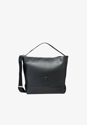 Sort læderhåndtaske med tekstureret finish, med en buet form, top-håndtag og justerbar rem. Indeholder præget logodetalje.