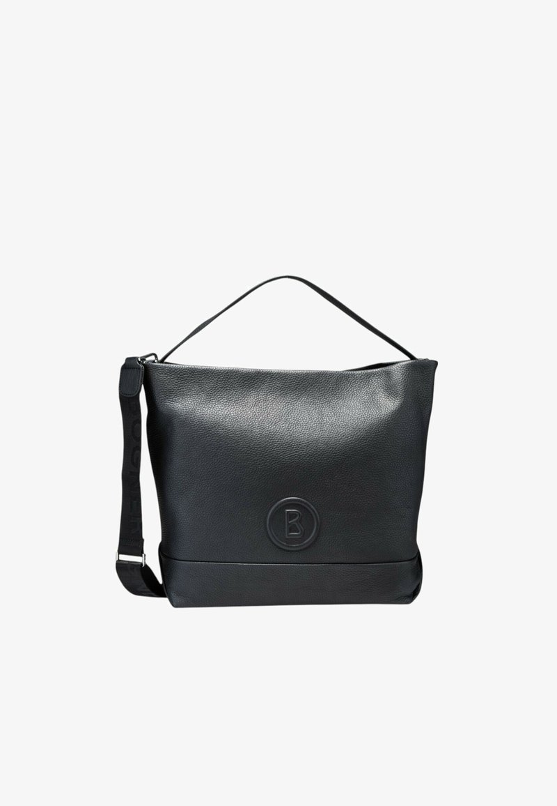Černá kožená kabelka s texturovaným povrchem, s oblým tvarem, horním uchycením a nastavitelným popruhem. Obsahuje detail s raženým logem.