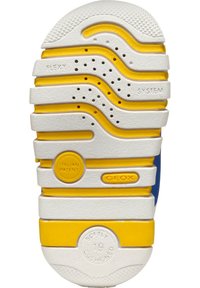 Semelle de chaussure avec un design ondulé comportant des segments blancs et jaunes alternés, surfaces texturées, et trois étiquettes en relief : "GEOX", "PATENT ITALIEN", et "DOUCEMENT REMBOUSSE".