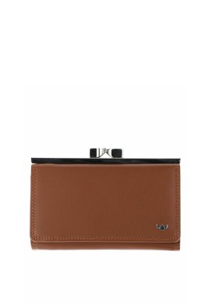 Brown leather wallet with metal clasp closure and small silver logo on bottom right corner, isolated on white background.