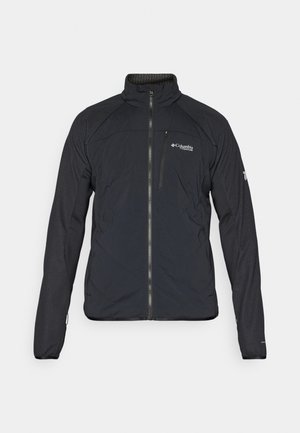 Black jacket with zip closure, high collar, and long sleeves. Made of lightweight material with a smooth texture. Logo on the chest.
