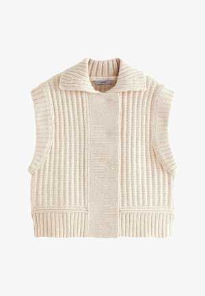 Strikket ærmeløs vest i lys beige, med ribbet tekstur, bred krave og struktureret design med sideåbninger for komfort.
