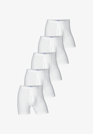 Hvide bomulds boxer shorts med en flad talje, åbning foran og ingen synlige mønstre. Fem stykker vist i en række.