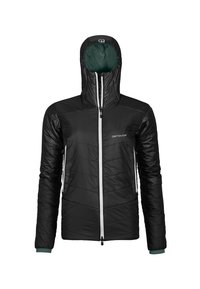 Schwarze isolierte Jacke mit Kapuze, ausgestattet mit einem durchgehenden Reißverschluss, elastischen Bündchen und einem Chevron-gequilteten Muster. Logo auf der Brust.