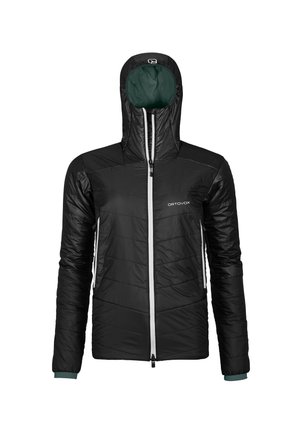 Black insulated jacket with a hood, featuring a full front zipper, elastic cuffs, and a chevron quilted texture. Logo on the chest.