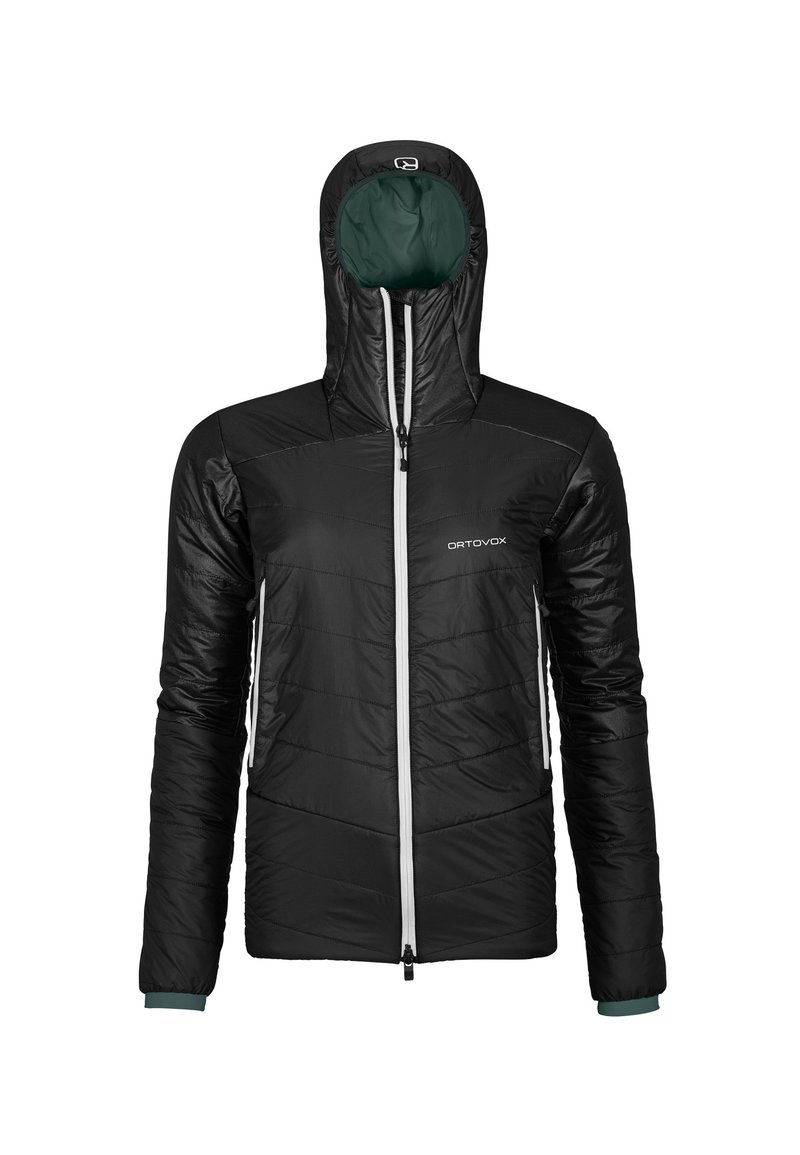 Schwarze isolierte Jacke mit Kapuze, ausgestattet mit einem durchgehenden Reißverschluss, elastischen Bündchen und einem Chevron-gequilteten Muster. Logo auf der Brust.