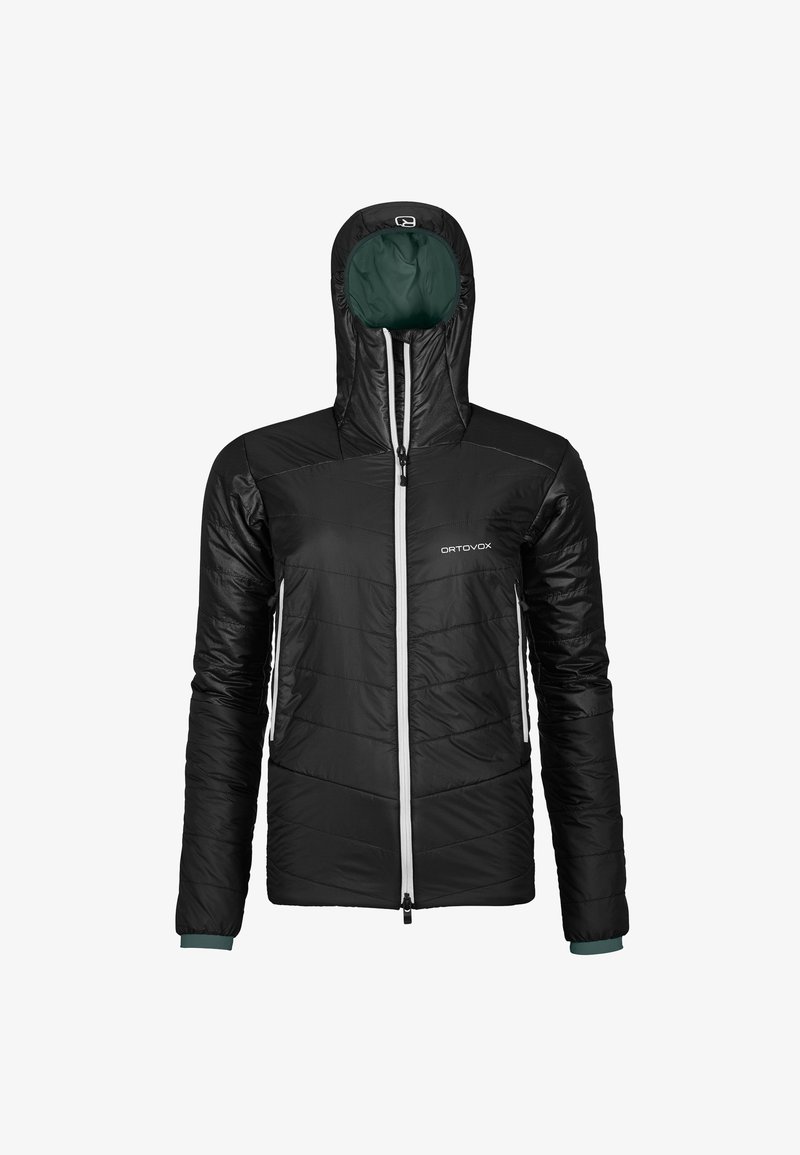 Schwarze isolierte Jacke mit Kapuze, ausgestattet mit einem durchgehenden Reißverschluss, elastischen Bündchen und einem Chevron-gequilteten Muster. Logo auf der Brust.