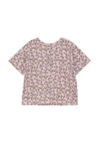 Kortärmad, rosa t-shirt med blommönster som innehåller gröna stjälkar och små lila blommor; rund halsringning och avslappnad passform.
