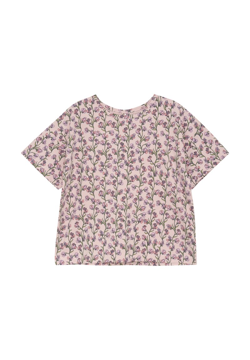 Kortärmad, rosa t-shirt med blommönster som innehåller gröna stjälkar och små lila blommor; rund halsringning och avslappnad passform.