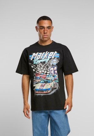 Black t-shirt featuring a colorful graphic print of racing cars and checkered flags, with short sleeves and a relaxed fit.