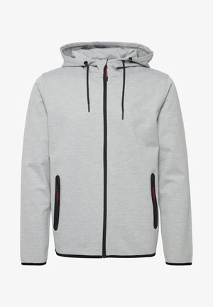 Light grey zip-up hoodie with black accents, featuring a drawstring hood, side zip pockets, and ribbed cuffs. Material appears soft and textured.
