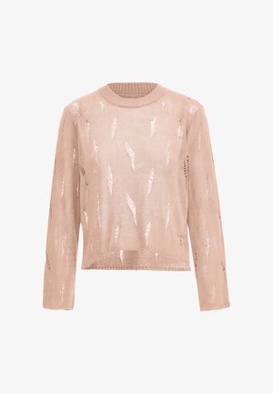 Pulover tricotat roz deschis, cu guler rotund, mâneci lungi și modele de frunze din dantelă. Material texturat, cu o croială lejeră și lungime scurtă.