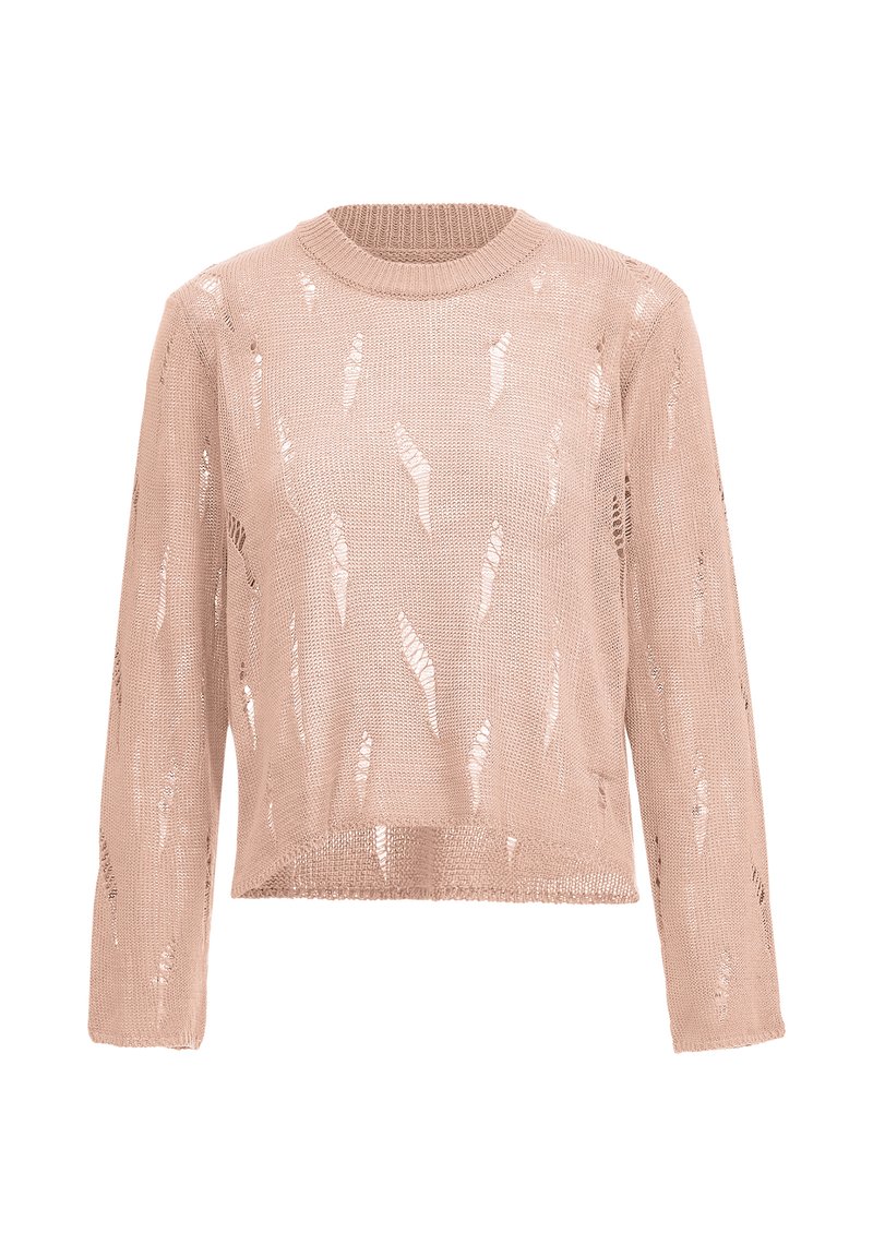 Maglione lavorato a maglia rosa chiaro con scollo rotondo, maniche lunghe e motivi a foglia traforati. Tessuto testurizzato con vestibilità comoda e lunghezza cropped.