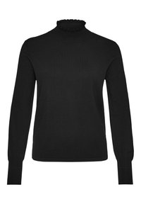 Schwarzer Langarm-Pullover mit Rollkragen, Rüschensaum und gerippten Bündchen; aus einem weichen, glatten Strickstoff gefertigt.