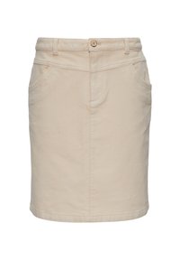 Beige corduroy-hame, jossa on nappikiinnitys, vyötärö ja kaksi sivutaskua. Siisti, suora muotoilu, jossa helma päättyy reiden keskivaiheille.