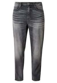 Schwarze Denim-Jeans mit einem ausgewaschenen Finish, geradem Schnitt, fünf Taschen Design und Metallknopfverschluss. Verfügt über distressed Muster auf dem Stoff.