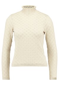 Kremowy sweter dzianinowy z wysokim falbaniastym kołnierzem, długimi rękawami i teksturowanym wzorem diamentowym na całej powierzchni.