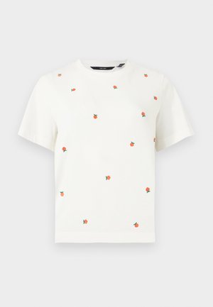 Λευκό κοντομάνικο μπλουζάκι με μικρή κεντητική μοτίβο από πορτοκαλί φρούτα διάσπαρτα και στρογγυλή λαιμόκοψη.