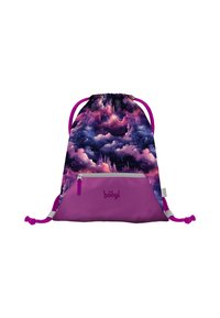 Zaino con cordoncino caratterizzato da un motivo di nuvole colorate in tonalità di viola e rosa, con un fondo rosa uniforme e una tasca frontale con zip.