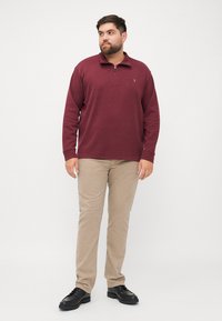 Burgundy pullover with a half-zip collar, made from soft material, paired with beige trousers and black shoes, standing against a white background.