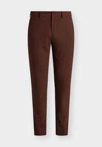 Ruske tailored hlače izrađene od glatkog materijala; karakteriziraju ih elegantan dizajn s ravnim prednjim dijelom i petljama za pojas.