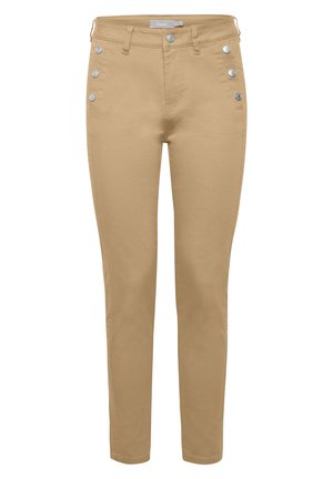 Bež hlače z visokim pasom in ožjim krojem. Imajo srebrne gumbe na sprednjem žepu in gladko mešanico bombaža.