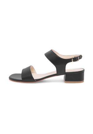 Sandale en cuir noir avec bout ouvert, deux larges sangles, une élégante lanière de cheville avec boucle et un talon bas en bloc. Texture lisse et design minimaliste.