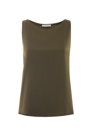 Olive green sleeveless top with a smooth texture, round neckline, and a relaxed fit. Simple design, no visible patterns or accents.