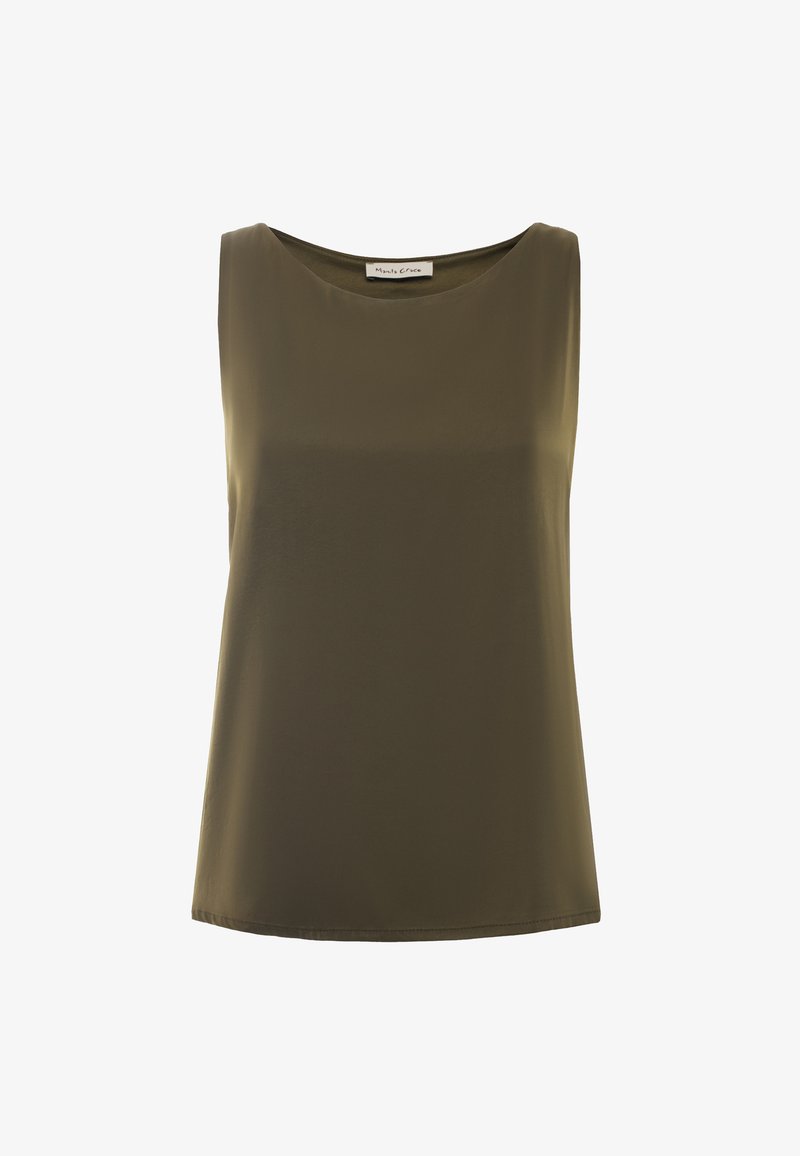 Débardeur vert olive sans manches avec une texture lisse, un col rond et une coupe décontractée. Design simple, sans motifs ni accents visibles.