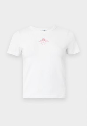 Tricou alb din bumbac cu decolteu rotund și mâneci scurte, având un design conturat roz cu inimă și aripi de înger pe piept.