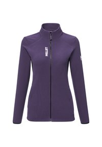 Purple zip-up jacket made of textured fabric. Features a high collar, two side pockets, and a white logo on the left chest and sleeve.