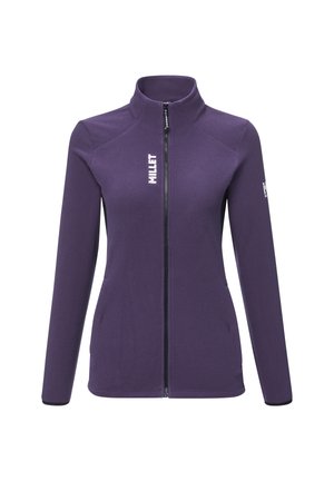 Purple zip-up jacket made of textured fabric. Features a high collar, two side pockets, and a white logo on the left chest and sleeve.