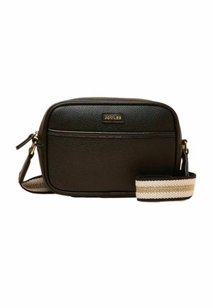 Schwarze, strukturierte Leder-Umhängetasche mit goldenem "Joules"-Logo und abnehmbarem beigen Riemen mit goldenen und weißen Streifen.