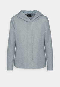 Světlé šedá bunda s kapucí vyrobená z měkké látky. Má jednoduchý design, dlouhé rukávy a přední zapínání bez viditelných kovových částí.