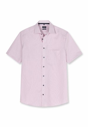 Hellrosa Kurzarmhemd mit Knopfleiste, einer Brusttasche, Kentkragen und dunklen Knöpfen vorne.