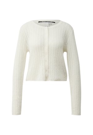 Biały prążkowany kardigan z dzianiny, z długim rękawem, zapinany z przodu na guziki, z okrągłym dekoltem.