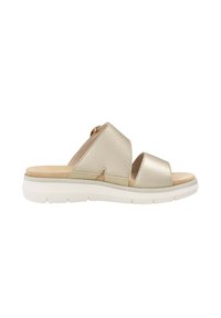 Gold leather slide sandals with crossed straps, beige insole, and white rubber outsole. Features textured finish and soft footbed.