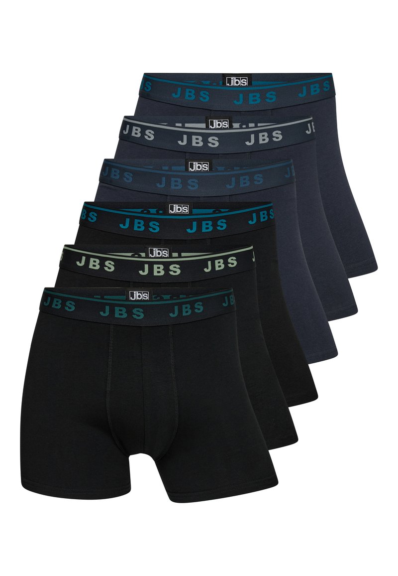 Sada šesti párů pánských boxerů v černé, tmavě modré a šedé barvě s elastickými pasy, které mají logo "JBS" v kontrastních barvách.