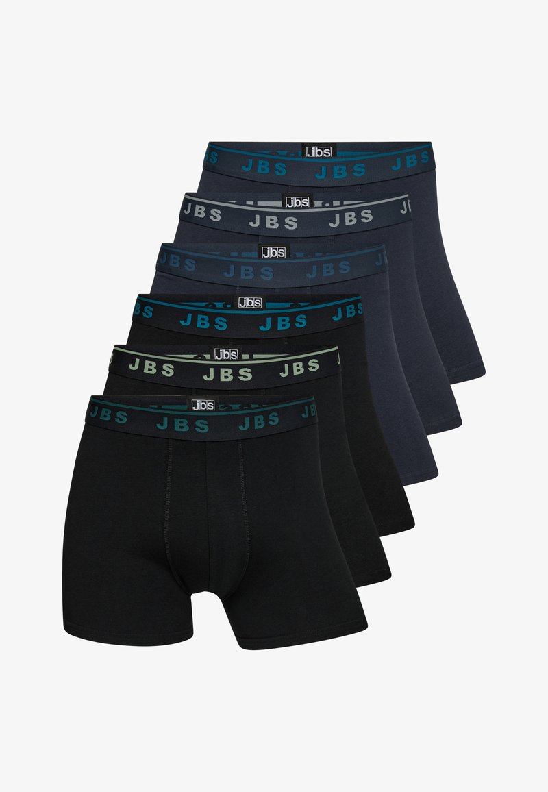 Sada šesti párů pánských boxerů v černé, tmavě modré a šedé barvě s elastickými pasy, které mají logo "JBS" v kontrastních barvách.
