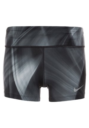 Sorte og grå mønstrede atletiske badeshorts med tætsiddende pasform og Nike-logo på venstre underben.