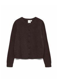 Tumši brūns kardigans no mīksta, fakturēta materiāla. Ar apaļu izgriezumu, garām piedurknēm un priekšējo aizdari ar tumšām pogām.